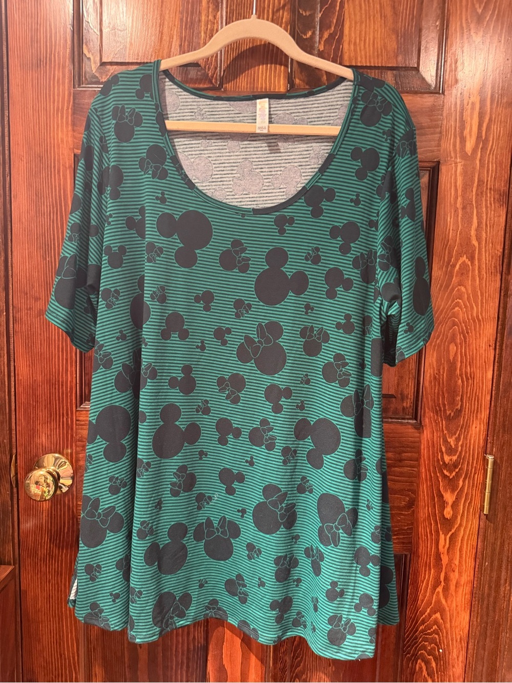 LuLaRoe Green Striped Tunic with Black Mickey/minnie  Silhouette Motif
